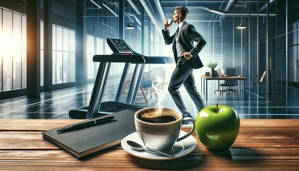 Kaffe och hälsoeffekter - Man i kostym tränar med kaffekopp och grönt äpple